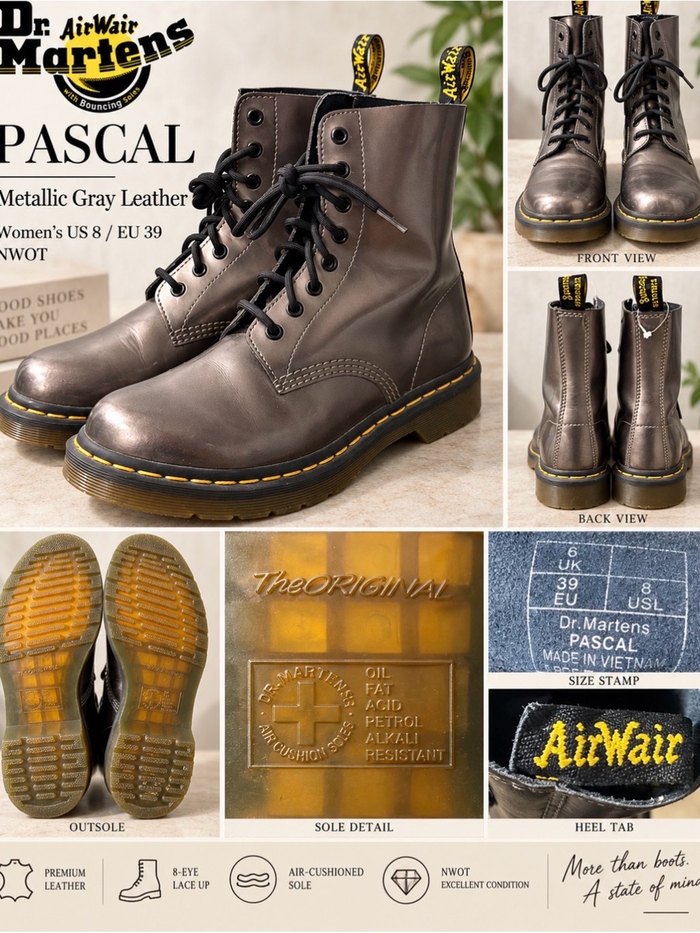 Dr Martens Pascal Metallic Gray Leather 8 Eye Boots Women’s US 8